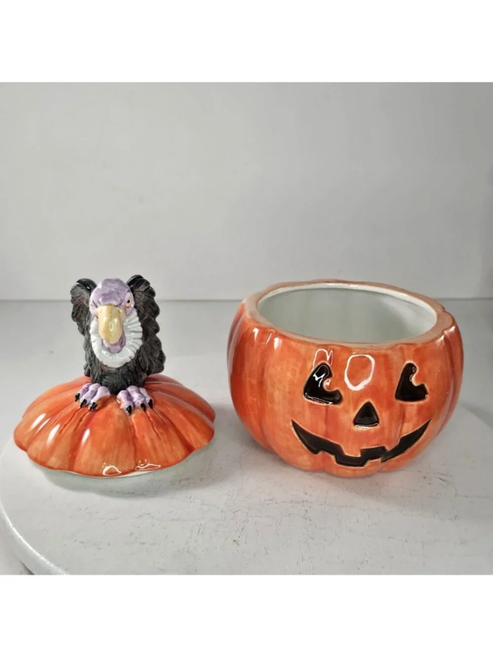 Rare 1988 Fitz & Floyd Vulture On Jack-O-Lantern Pumpkin Lidded Candy Dish Bowl